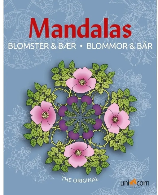 Фантастична розмальовка з мандалами Unicorn з квітами та ягодами (9788792484802) - зображення 1