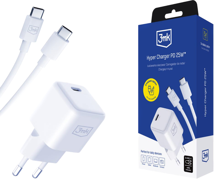 Зарядний пристрій 3mk Hyper Ultra Mini GaN 25W PD, QC3.0, PPS + кабель USB Type-C 1.2 м White (155662) - зображення 1