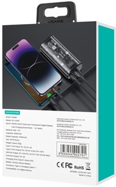 Powerbank Usams US-CD189 9000mAh 20W PD/QC 3.0 Black (6958444902791) - obraz 6