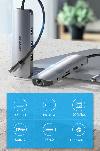 USB-хаб Vention Hub 9-in-1 USB 3.1 Type-C - HDMI/USB 3.0x3/RJ45/SD/TF/TRRS 3.5mm/PD 100W (TOLHB) - зображення 2