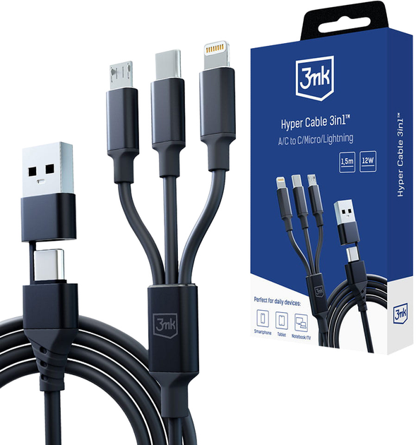 Кабель 3MK Hyper 3 в 1 Type-C USB-A to Type-C micro-USB Lightning 1.5 м Чорний (5903108541244) - зображення 1