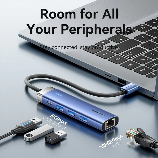 Hub USB Vention USB3.0 USB 3.0x3/RJ45/USB-C Hub Blue Aluminum Alloy (TGFSB) - obraz 6