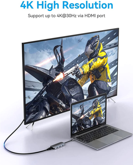 USB-хаб Vention USB-C to HDMI/USB 3.0x3/SD/TF/PD Docking Station Gray 0.15M Aluminum Alloy Type (TOJHB) - зображення 6