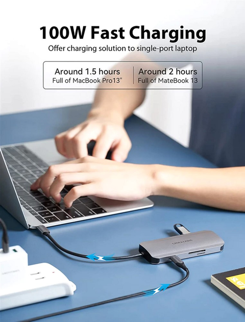 USB-хаб Vention USB-C to HDMI/USB 3.0x3/SD/TF/PD Docking Station Gray 0.15M Aluminum Alloy Type (TOJHB) - зображення 7