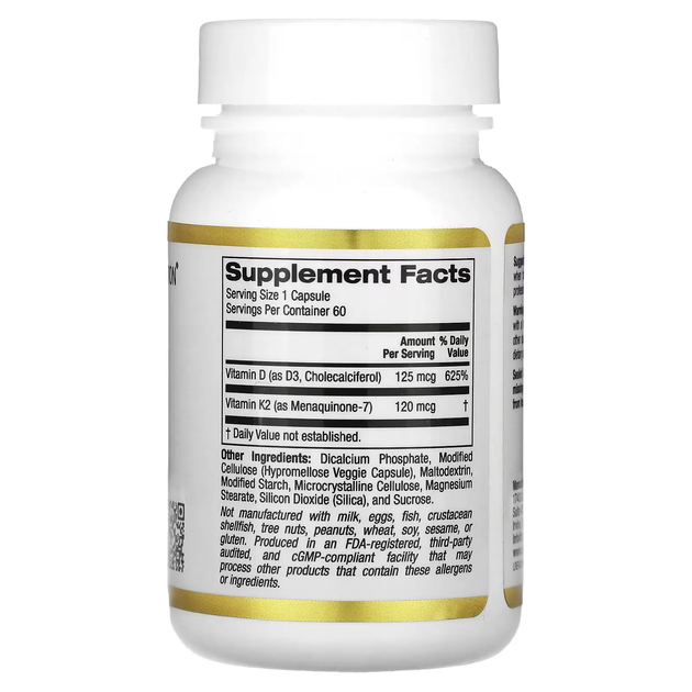 Вітаміни Д3 та К2 (Vitamin D3+K2) 5000 МО/120 мкг, California Gold Nutrition, 60 капсул - зображення 2