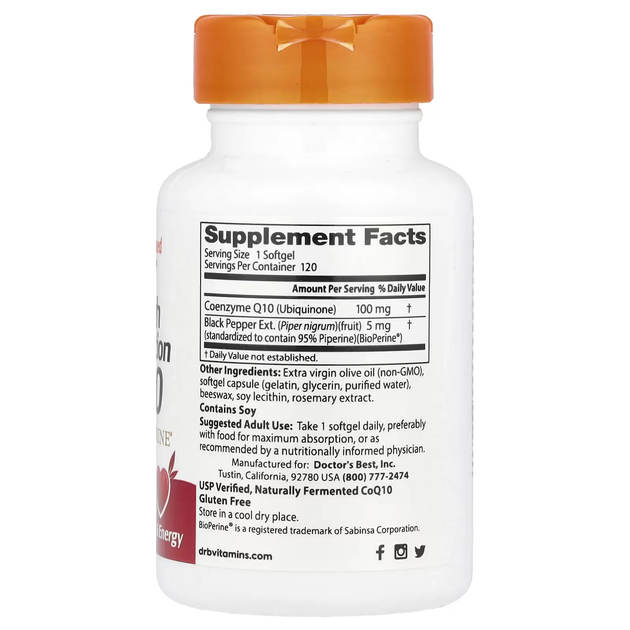 Коензим Q10 з високою абсорбцією з біоперином (CoQ10 with Bioperine) Doctor's Best 100 мг, Doctor's Best, 120 капсул - зображення 2