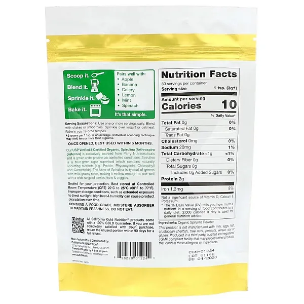 Порошок органической спирулины (Калифорния Голд Нутришн) (Organic Spirulina Powder) , California Gold Nutrition, 240 г - Фото 2 Порошок органической спирулины (Калифорния Голд Нутришн) (Organic Spirulina Powder) , California Gold Nutrition, 240 г - изображение 2