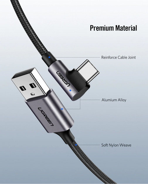 Кабель UGREEN US284 USB AM - Type-C Angled 1м (50941) - зображення 3