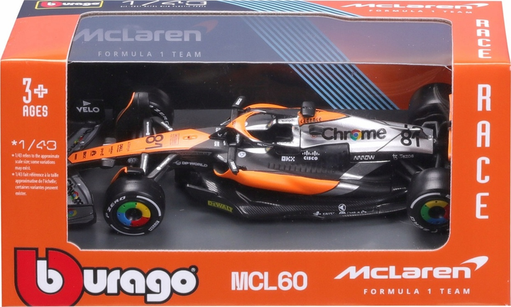 Metalowy model samochodu Bburago F1 Team Mclaren MCL60 Oscar Piastri 1:43 Czarno-pomarańczowy 18-38087-NOR (4893993016198) - obraz 1