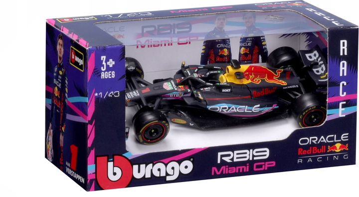 Metalowy model samochodu Bburago Red Bull Racing Oracle RB19 Miami Max Verstappen 1:43 Czarny 18-38082-VERS-MIAMI (4893993016341) - obraz 1