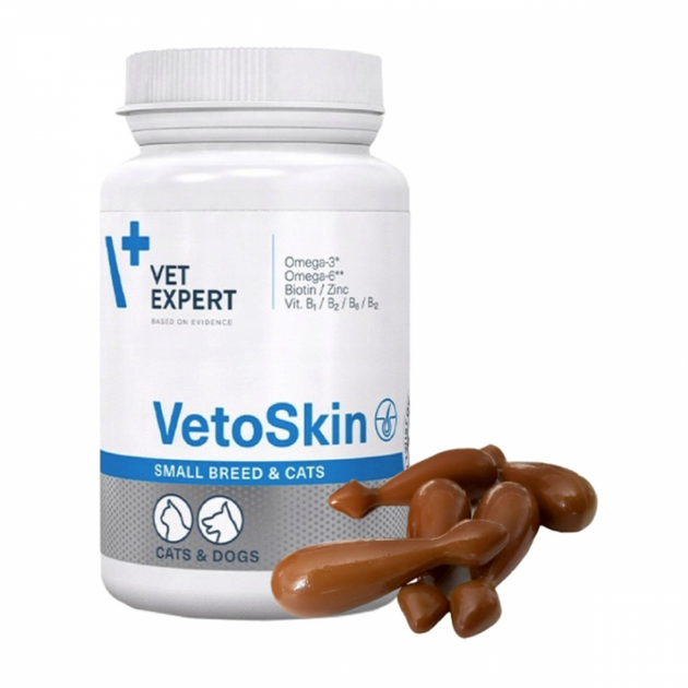 Пищевая добавка для котов и мелких пород собак Vet Expert VetoSkin Small breed & cat здоровье кожи и шерсти, капсулы - 60шт - изображение 4