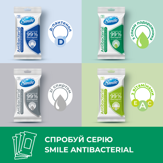 Упаковка влажных салфеток Smile Antibacterial с соком подорожника 6 пачек по 15 шт (42213238) - изображение 4