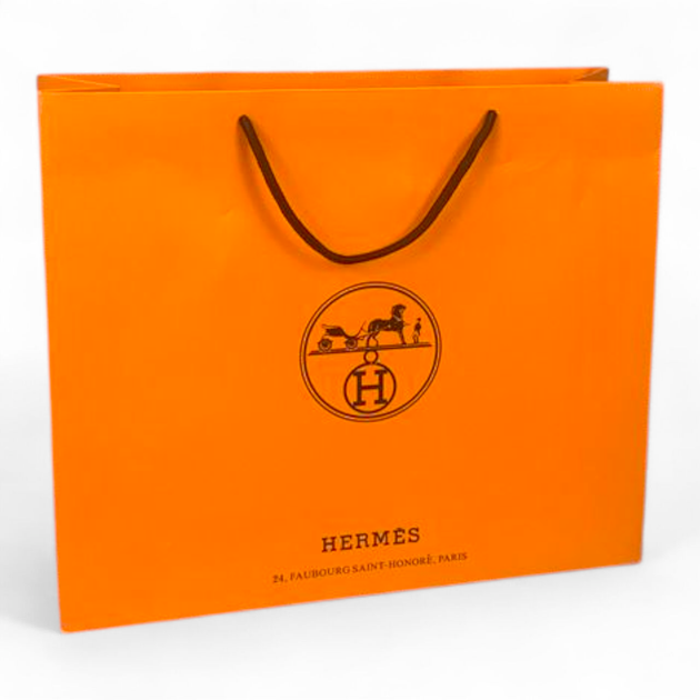 Пакет Hermes 42х14х30 см из плотной бумаги, оранжевый фирменный пакет с черными веревочными ручками - изображение 4