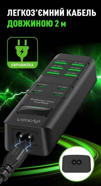 Сетевой фильтр-удлинитель Dyxon US-D03 28W 4xUSB-C + 6xUSB-A FAST CHARGER 2M Black (DXN-USD03-28W-2M-B) - изображение 3
