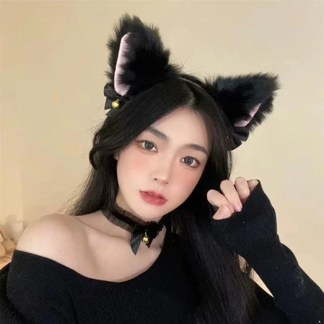 Ободок Кошачьи ушки + чокер со звоночками Чёрные кошки кпоп (kpop) для утренников и вечеринок косплей, аниме, манги, генишин - изображение 2