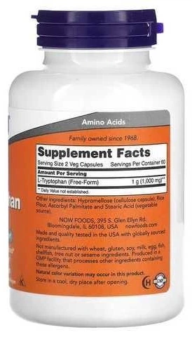 Aminokwas Now Foods L-tryptofan 500 mg 120 kapsułek roślinnych (733739001672) - obraz 2