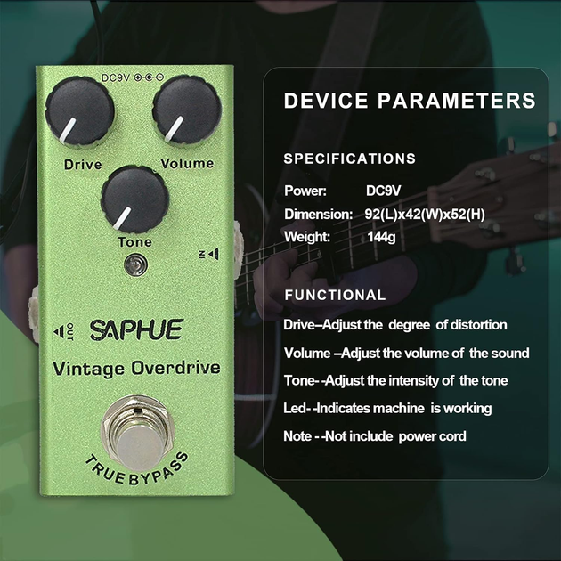 Педаль эффектов Saphue SF-01 Vintage Overdrive для электрогитары, гитарная педаль Overdrive True Bypass, 9 В - изображение 7