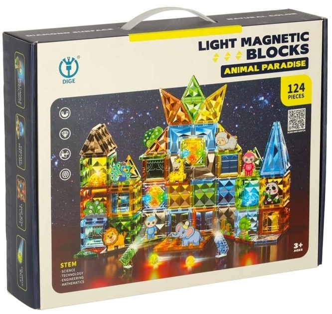 Klocki magnetyczne świecące KIK Light Magnetic Blocks Animal Paradice 124 elementy (5903039752696) - obraz 1