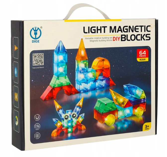 Klocki magnetyczne świecące KIK Light Magnetic Blocks Figury 64 elementy (5903039752726) - obraz 1