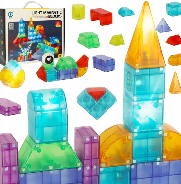 Klocki magnetyczne świecące KIK Light Magnetic Blocks Figury 64 elementy (5903039752726) - obraz 2