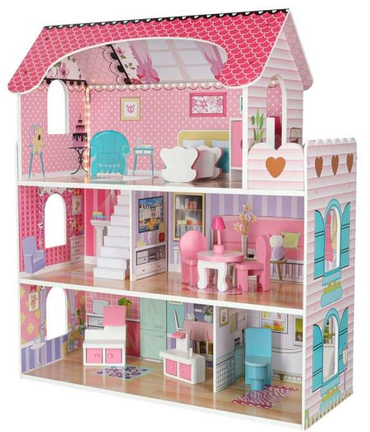 Drewniany domek dla lalek Kik MDF LED 70 cm Różowy (KX6484) (5903039705906) - obraz 3