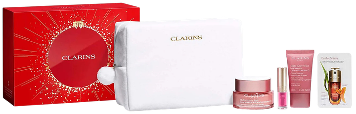 Zestaw pielęgnacyjny Clarins Multi-Active Cream All Skin Types Krem na dzień 50 ml + Krem na noc 15 ml + Olejek do ust 1.4 ml + Double Serum 0.9 ml + Kosmetyczka (3666057389511) - obraz 1