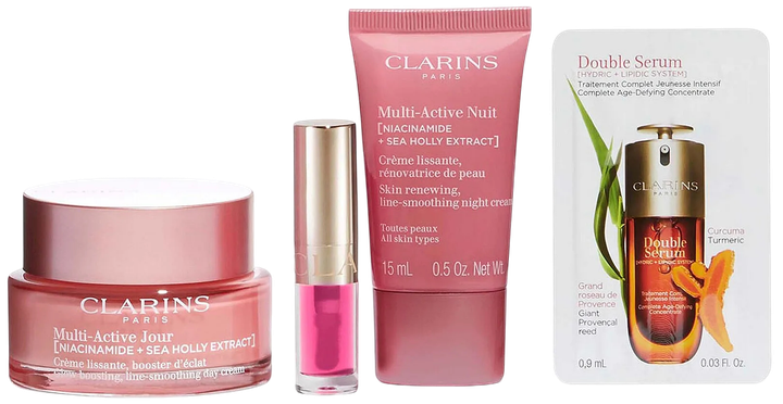 Zestaw pielęgnacyjny Clarins Multi-Active Cream All Skin Types Krem na dzień 50 ml + Krem na noc 15 ml + Olejek do ust 1.4 ml + Double Serum 0.9 ml + Kosmetyczka (3666057389511) - obraz 2