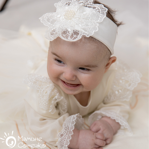 Полный набор для крещения девочки Мамине Сонечко 62 размер “Принцесса расцвет ПЛЮС”, айвори лён, бежевая вышивка (арт. АР41-2) - изображение 3