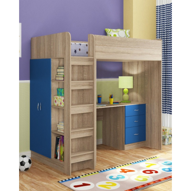 Кровать - чердак одноместная WoodMart КЧО 130 Синий + Дуб Сонома ...