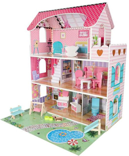 Drewniany domek dla lalek Kik Lulilo LED Gardeno z ogródkiem mebelki 70 cm Różowy (KX6484_1) (5903039767348) - obraz 3