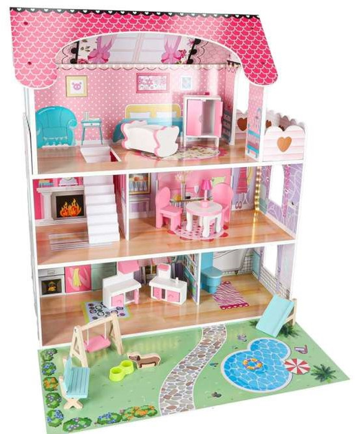 Drewniany domek dla lalek Kik Lulilo LED Gardeno z ogródkiem mebelki 70 cm Różowy (KX6484_1) (5903039767348) - obraz 4