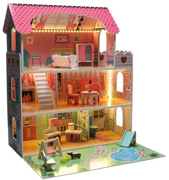 Drewniany domek dla lalek Kik Lulilo LED Gardeno z ogródkiem mebelki 70 cm Różowy (KX6484_1) (5903039767348) - obraz 5
