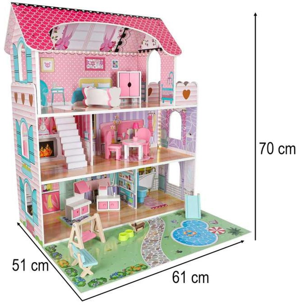 Drewniany domek dla lalek Kik Lulilo LED Gardeno z ogródkiem mebelki 70 cm Różowy (KX6484_1) (5903039767348) - obraz 15