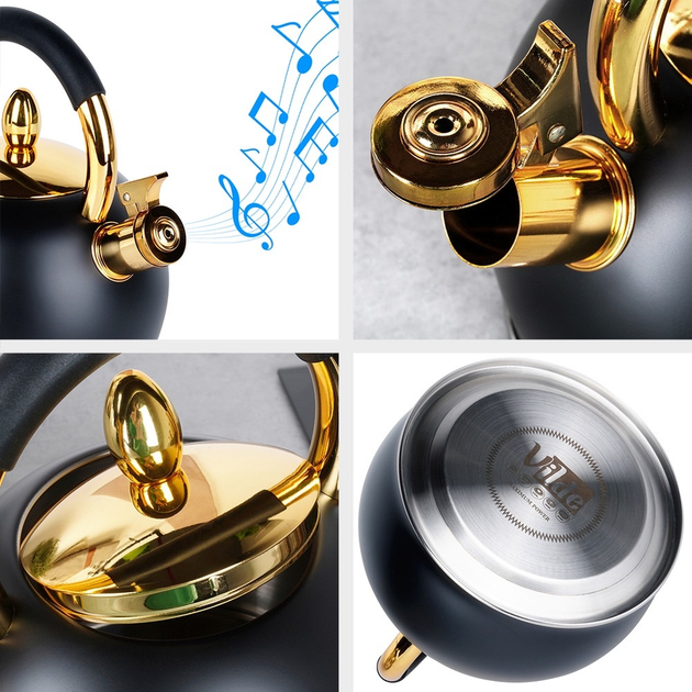 Czajnik Vilde z gwizdkiem stalowy Czarno-złoty 3 l (5904316479176) - obraz 9