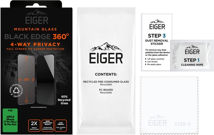 Захисне скло EIGER Mountain Black Privacy EDGE 360 Screen Protector GRS для Apple iPhone 17 Pro Max / 16 Pro Max (EGMSP00336) - зображення 2