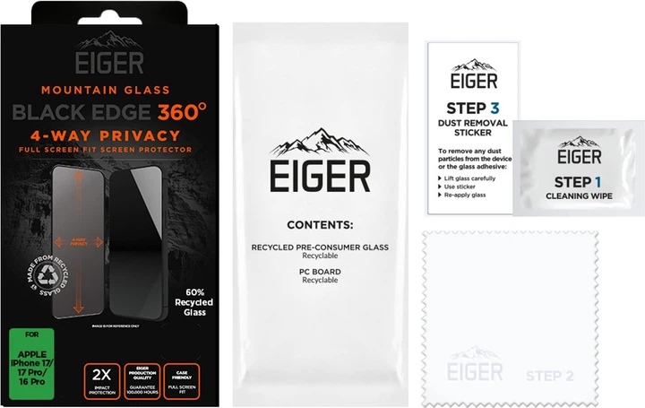 Захисне скло EIGER Mountain Black Privacy EDGE 360 Screen Protector GRS для Apple iPhone 17 / 17 Pro / 16 Pro (EGMSP00337) - зображення 2