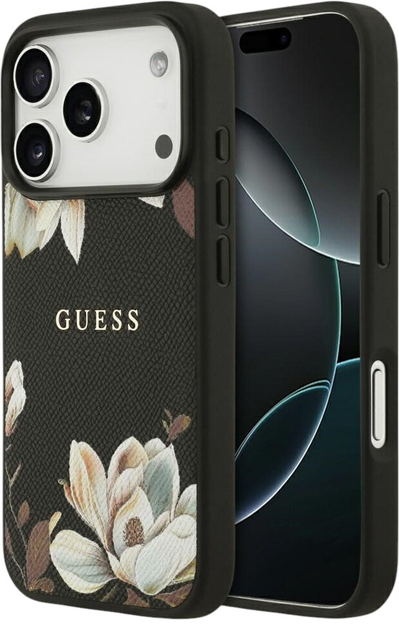 Панель Guess Grained Flowers Classic LogoMagSafe для iPhone 17 Pro Black - зображення 1