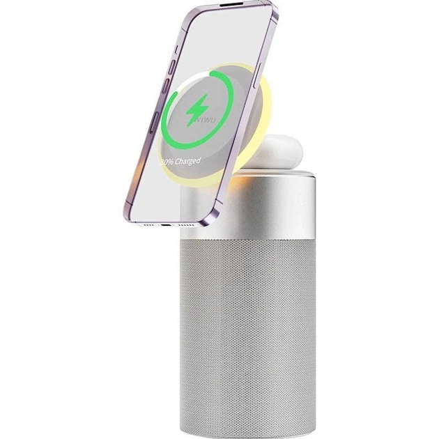 Бездротовий зарядний пристрій WiWU Multi-Function Wireless Charger with Ambient Light Speaker Silver (Wi-W022) [99538] - зображення 3