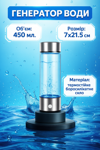 Генератор водневої води, скляна пляшка 450 мл. 7*21.5см. на акумуляторі 3.7V 1500 mAh - Фото 1 Генератор водневої води, скляна пляшка 450 мл. 7*21.5см. на акумуляторі 3.7V 1500 mAh - зображення 1