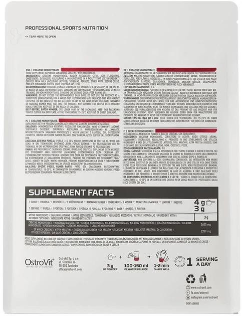 Креатин моногидрат OstroVit Creatine Monohydrate порошок 500 г Вишня (5902232617665) - изображение 2
