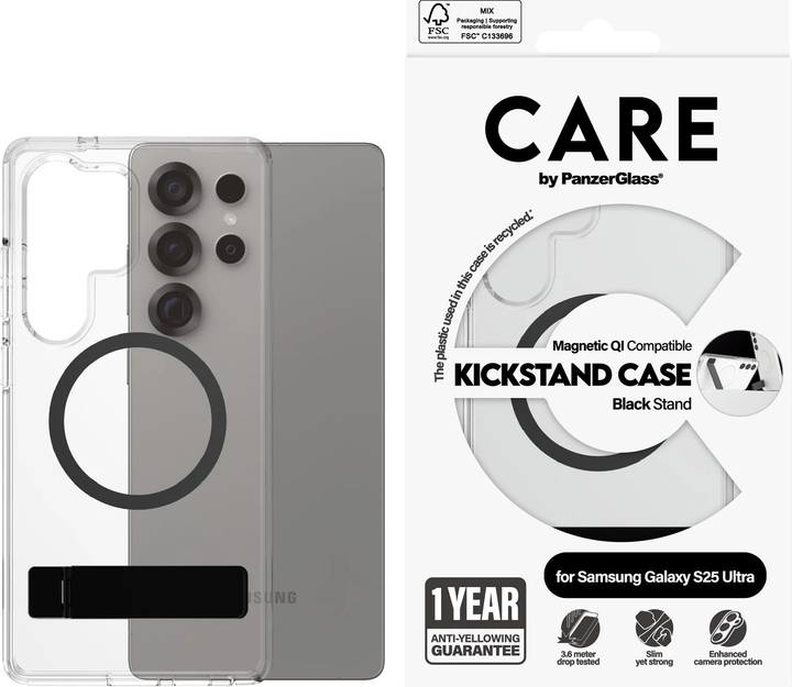 Etui plecki CARE by PanzerGlass Case Transparent w. Black Kickstand & Qi Compatible do Samsung Galaxy S25 Ultra (CRRFBKQG38488) - obraz 3