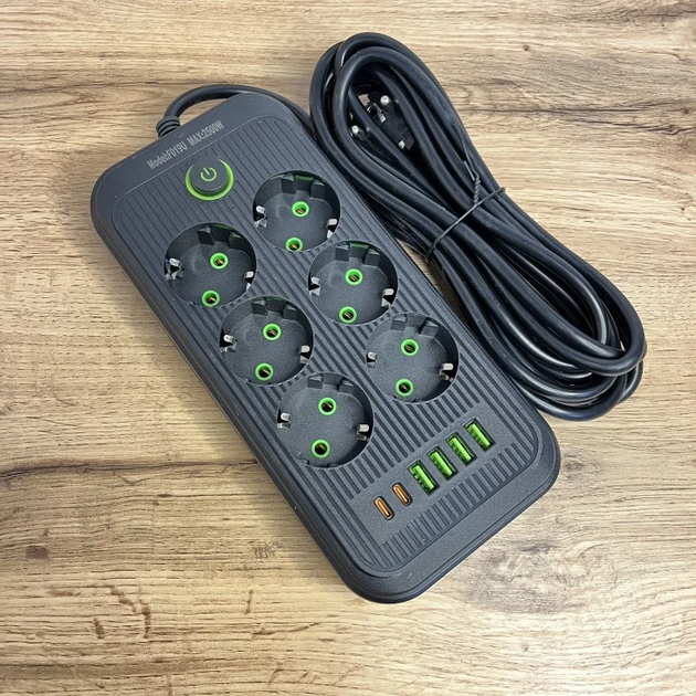 Удлинитель с 6 розетками 4 USB-A 2 USB-C портами 2500W 5 метров - Фото 1 Удлинитель с 6 розетками 4 USB-A 2 USB-C портами 2500W 5 метров - изображение 1