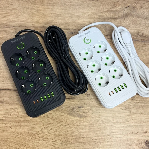 Подовжувач з 6 розетками 4 USB-A 2 USB-C портами 2500W 5 м - Фото 2 Подовжувач з 6 розетками 4 USB-A 2 USB-C портами 2500W 5 м - зображення 2