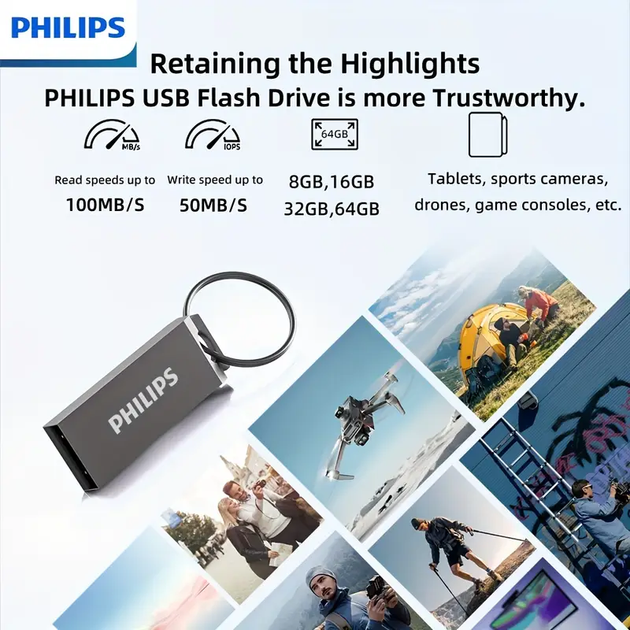 USB Флешка Карта памяти PHILIPS Брелок Накопитель 128Гб металлическая Черная - изображение 7