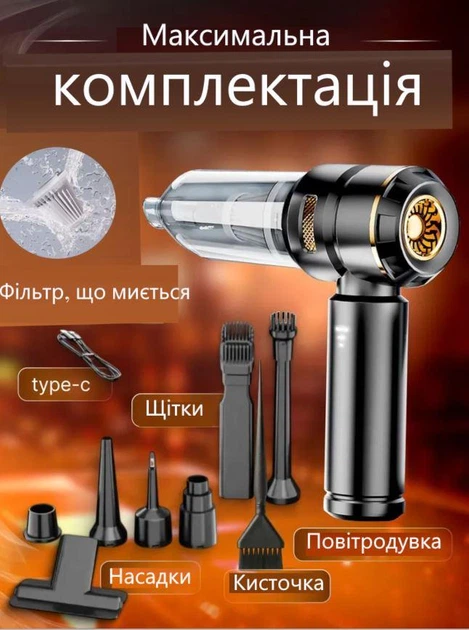 Мощный пылесос - турбо вентилятор глубокой очистки 2 в 1 с функцией всасывания и выдувания воздуха 120 000 об/мин, 18 000 Па для очистки клавиатуры, авто и техники с моющим фильтром и 10 насадками, USB Type-C - изображение 5