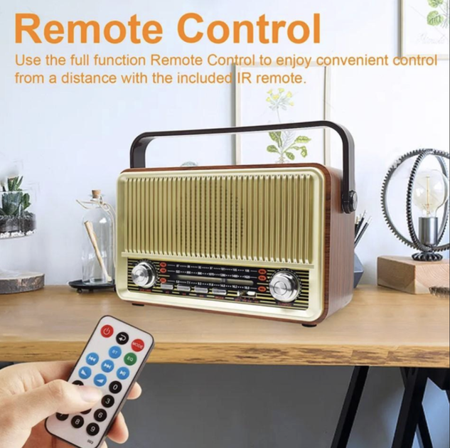 Аккумуляторное радио с зарядкой от USB с Bluetooth колонкой и пультом Kemai Retro аккумуляторный радиоприемник (USB/TF/AUX) Золотой - изображение 5