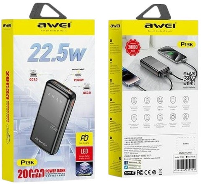 Powerbank Awei P13K 20000mAh 22.5W USB-C/USB-A Black (6954284009102) - obraz 2