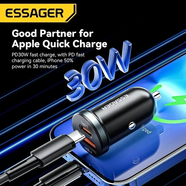 Автомобильное зарядное устройство Essager 30W USB + Type-C QC 4.0 PD 3.0 (ECCPQ-SR01-P) - Фото 6 Автомобильное зарядное устройство Essager 30W USB + Type-C QC 4.0 PD 3.0 (ECCPQ-SR01-P) - изображение 6