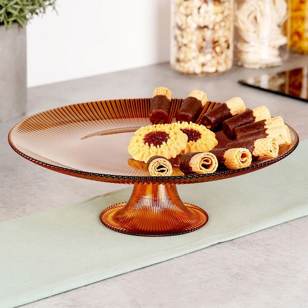 Patera na tort Vilde szklana na nóżce Bursztynowa 28 cm (8721037043557) - obraz 5