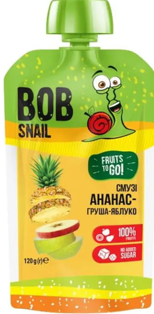 Пюре фруктове Bob Snail Смузі Ананас-Груша-Яблуко пастеризоване 120 г - Фото 2 Пюре фруктове Bob Snail Смузі Ананас-Груша-Яблуко пастеризоване 120 г - зображення 2
